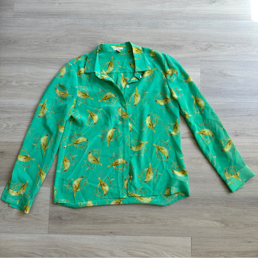 Leifsdottir 100% silk Teal Top with Yellow pattern size S
